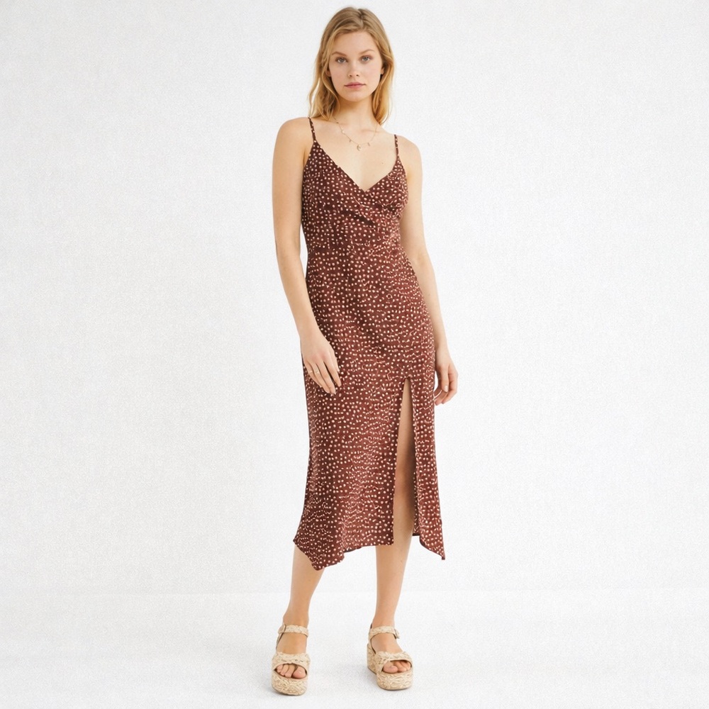 Urban Outfitters Brown White Polka Dot Surplice Midi Slip Dress Medium